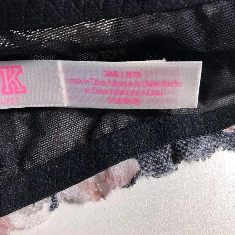 #3462-5 Victoria Secret Pink Pink Black Floral Front Closure Push Up Bra 34B